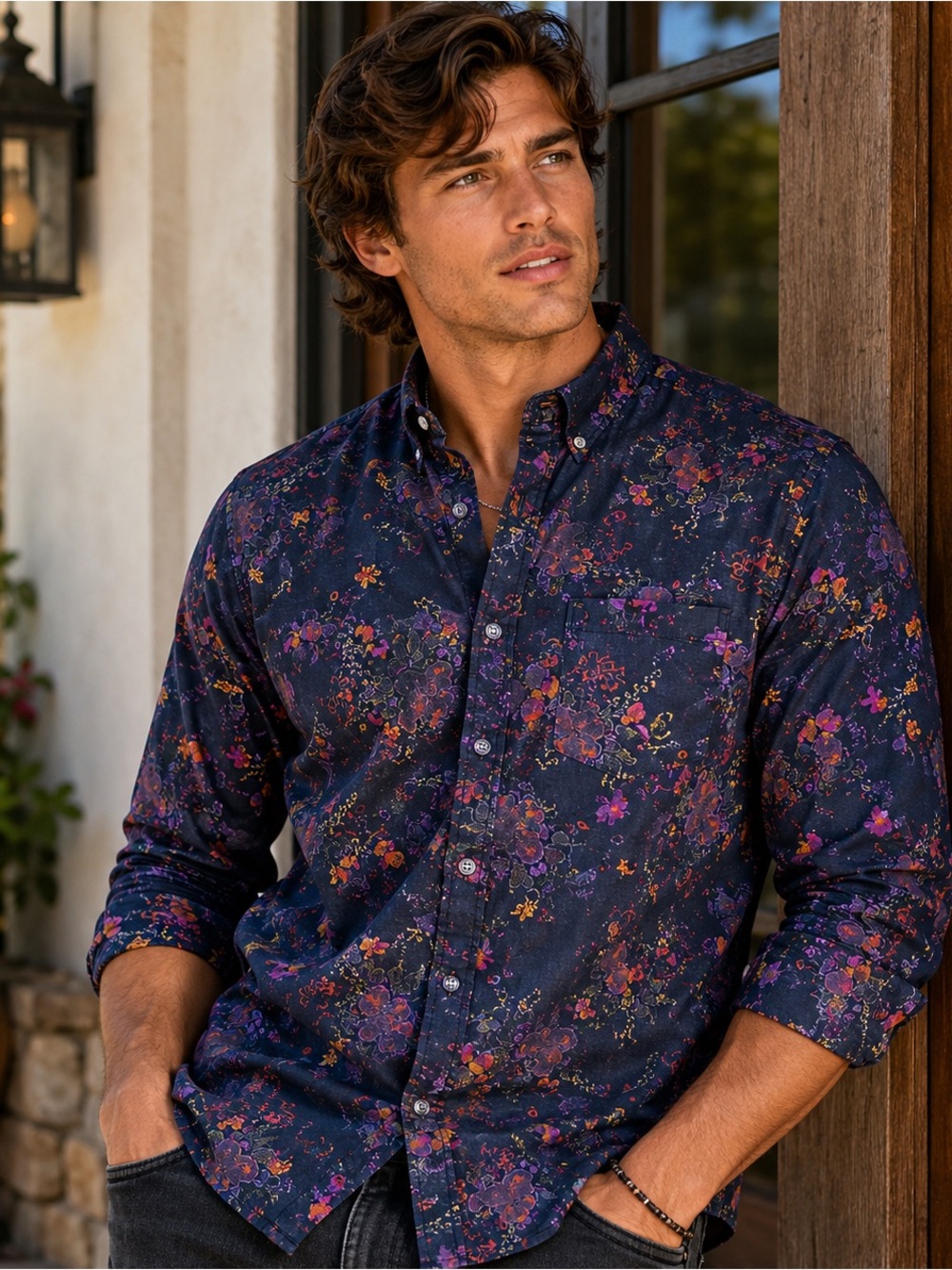 Globe Dion Agius Collection Floral Button Front Shirt Me s Large Black Purple